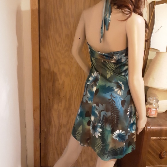 Vibrant Blue & Brown Floral Halter Dress Sz S - Picture 6 of 7